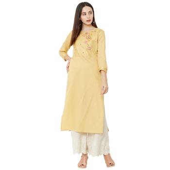 yellow cotton casual kurti having 3/4th sleeves with floral emboridery 5