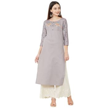 cotton casual embroidered grey kurti with floral print on 3/4th sleeves 1