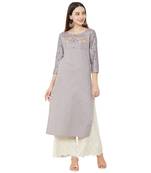 cotton casual embroidered grey kurti with floral print on 3/4th sleeves