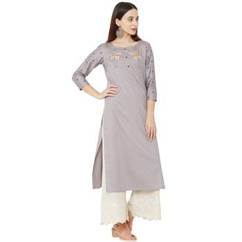 cotton casual embroidered grey kurti with floral print on 3/4th sleeves 2