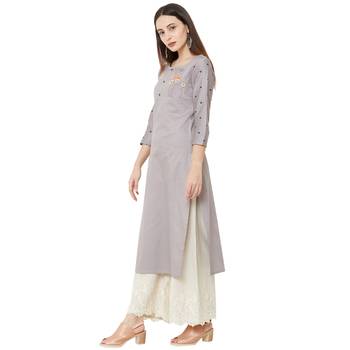 cotton casual embroidered grey kurti with floral print on 3/4th sleeves 3
