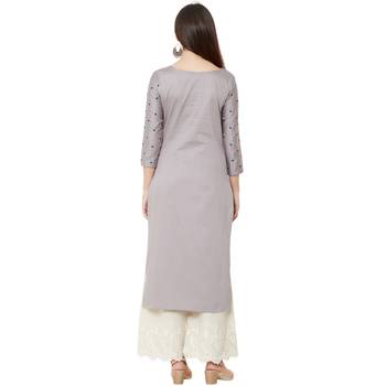 cotton casual embroidered grey kurti with floral print on 3/4th sleeves 4