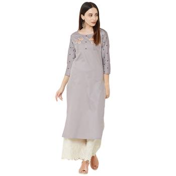 cotton casual embroidered grey kurti with floral print on 3/4th sleeves 5
