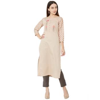 orange casual cotton floral emboridered kurti with 3/4th sleeves 1