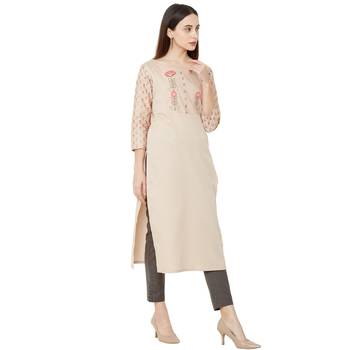 orange casual cotton floral emboridered kurti with 3/4th sleeves 2