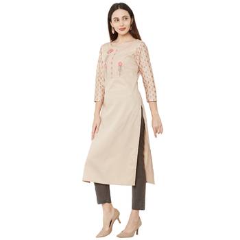 orange casual cotton floral emboridered kurti with 3/4th sleeves 3