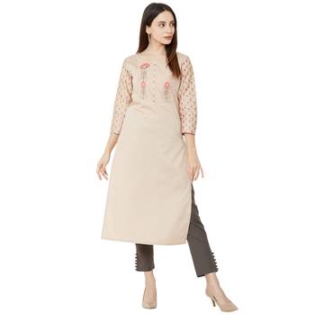 orange casual cotton floral emboridered kurti with 3/4th sleeves 5