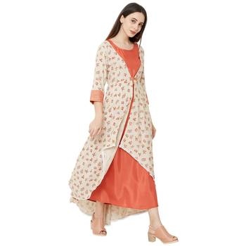 cream and orange casual cotton jacket style embelleshed anarkali kurti with 3/4th sleeves 2