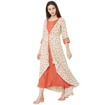 cream and orange casual cotton jacket style embelleshed anarkali kurti with 3/4th sleeves 3