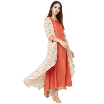 cream and orange casual cotton jacket style embelleshed anarkali kurti with 3/4th sleeves 5