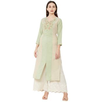 cream and pista casual cotton floral emboridered straight kurti with 3/4th sleeves 1