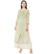 cream and pista casual cotton floral emboridered straight kurti with 3/4th sleeves
