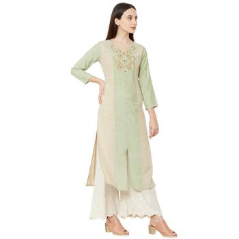 cream and pista casual cotton floral emboridered straight kurti with 3/4th sleeves 2