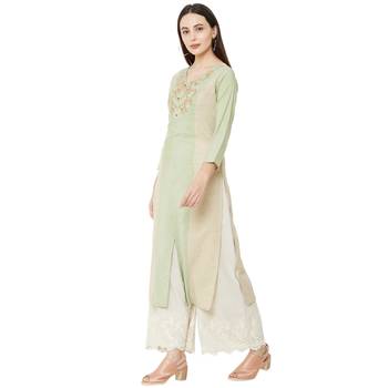 cream and pista casual cotton floral emboridered straight kurti with 3/4th sleeves 3