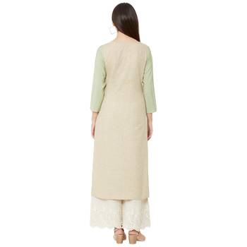 cream and pista casual cotton floral emboridered straight kurti with 3/4th sleeves 4