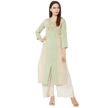 cream and pista casual cotton floral emboridered straight kurti with 3/4th sleeves 5