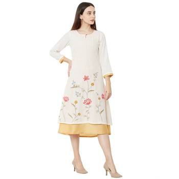 cream casual cotton anarkali kurti having floral emboridery 2