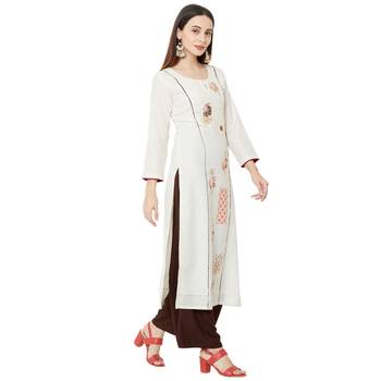 casual cotton straight cream emboridered long kurti 2