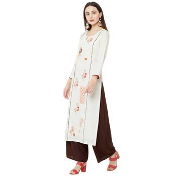 casual cotton straight cream emboridered long kurti 3