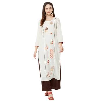 casual cotton straight cream emboridered long kurti 5