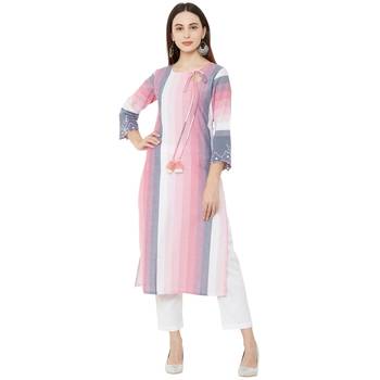 casual cotton woven embelleshed pink straight long kurti 1