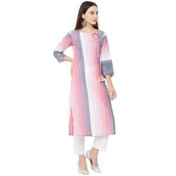 casual cotton woven embelleshed pink straight long kurti 2
