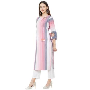 casual cotton woven embelleshed pink straight long kurti 3