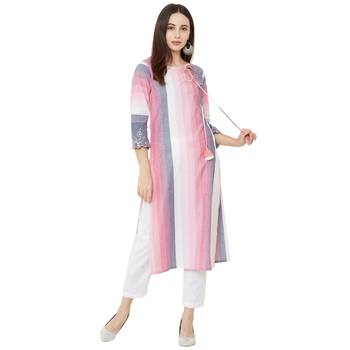 casual cotton woven embelleshed pink straight long kurti 5