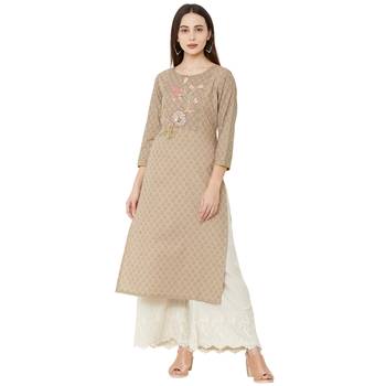 cotton woven beige color casual kurti with 3/4th sleeves having floral embroidery 1