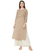cotton woven beige color casual kurti with 3/4th sleeves having floral embroidery
