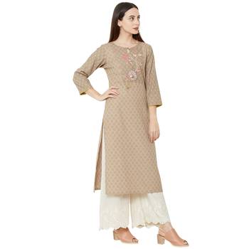 cotton woven beige color casual kurti with 3/4th sleeves having floral embroidery 2