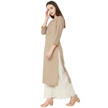 cotton woven beige color casual kurti with 3/4th sleeves having floral embroidery 3
