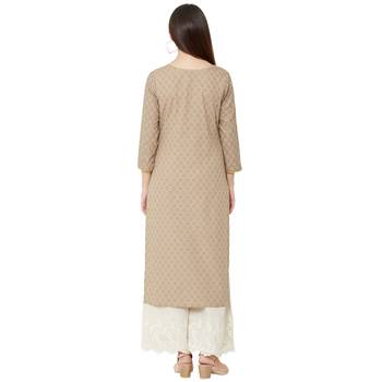 cotton woven beige color casual kurti with 3/4th sleeves having floral embroidery 4