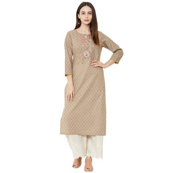 cotton woven beige color casual kurti with 3/4th sleeves having floral embroidery 5