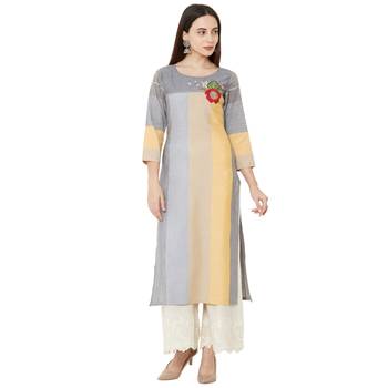 cotton woven multicolored (yellow & grey) casual kurti with floral embroidery patch on yoke. 1