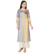 cotton woven multicolored (yellow & grey) casual kurti with floral embroidery patch on yoke.