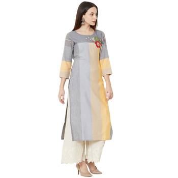 cotton woven multicolored (yellow & grey) casual kurti with floral embroidery patch on yoke. 2