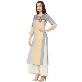 cotton woven multicolored (yellow & grey) casual kurti with floral embroidery patch on yoke. 3