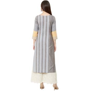 cotton woven multicolored (yellow & grey) casual kurti with floral embroidery patch on yoke. 4