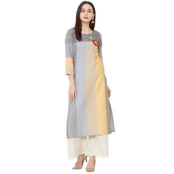 cotton woven multicolored (yellow & grey) casual kurti with floral embroidery patch on yoke. 5