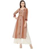 cotton woven brown round neck casual kurti with floral embroidery patch on yoke.