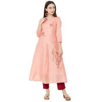 semi-casual wear pink color A-Line kurti with floral embroidery 1