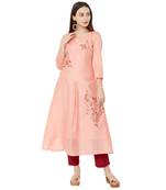 semi-casual wear pink color A-Line kurti with floral embroidery
