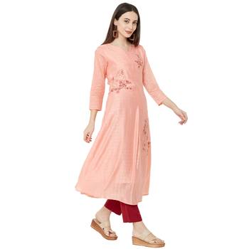 semi-casual wear pink color A-Line kurti with floral embroidery 2