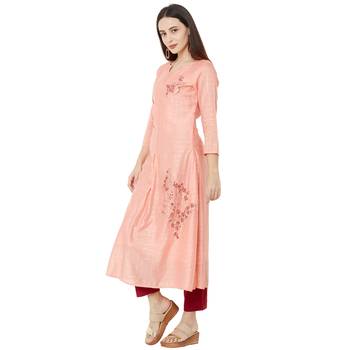 semi-casual wear pink color A-Line kurti with floral embroidery 3