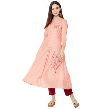 semi-casual wear pink color A-Line kurti with floral embroidery 5