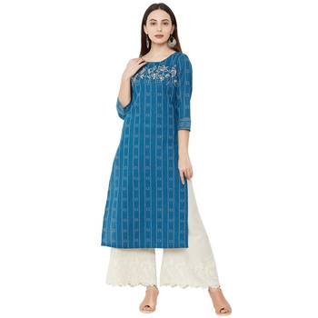 blue cotton woven casual floral embroidered kurti with 3/4th sleeves. 1