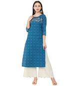 blue cotton woven casual floral embroidered kurti with 3/4th sleeves.