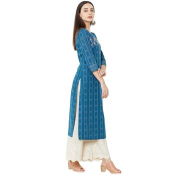 blue cotton woven casual floral embroidered kurti with 3/4th sleeves. 2