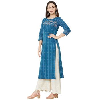 blue cotton woven casual floral embroidered kurti with 3/4th sleeves. 3
